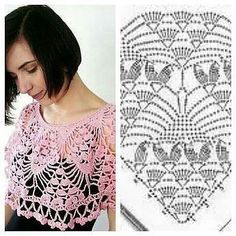 a woman wearing a pink crochet top next to an image of a lace doily