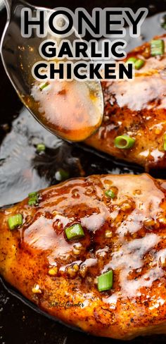 honey garlic chicken in a skillet with a spatula and title overlay that reads honey garlic chicken