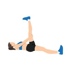 a woman in black shorts and blue shoes is doing an exercise with her legs up