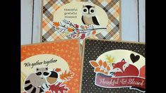 three cards with different designs on them, one has an owl and the other is a raccoon