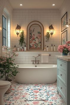 a white bath tub sitting next to a toilet in a bathroom with flowers on the floor