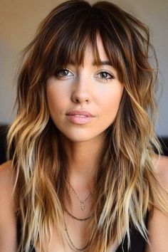 Long Ombre Shag Hairstyle on smiling woman with long brown to blonde ombre hair. Shag Haircut With Blonde Highlights, Mid Bangstyle Hair, Shag Hairstyles With Side Bangs, Choppy Shag Hairstyles Long With Bangs, Brown And Blonde Shag Hair, Long Shaggy Layers With Bangs, Shag Hairstyles Medium Long, How To Style Long Shag Haircut Tutorial, Shag Balayage Hair