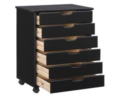 a wooden drawer with five drawers on wheels and two black bins in front of it