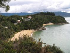 the beach is surrounded by trees and houses