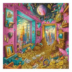 a painting of a room filled with lots of gold coins and other things on the floor