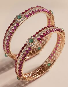 Ruby Bangles, Gold Jewels Design, Gold Temple Jewellery, Diamond Pendants Designs, Gold Bridal Jewellery Sets, Bridal Jewelry Collection, Bridal Bangles, Stone Bangle, Bangles Jewelry Designs