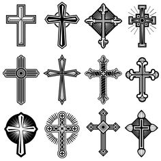 a set of nine different crosses in black and white, each with an ornate design