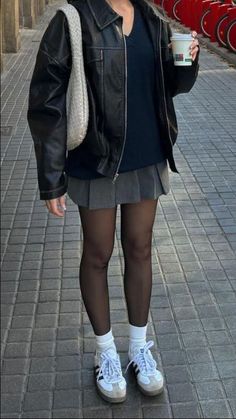 Skirt With Thigh High Socks Outfit, Black Tights White Socks, Apricot Skirt Outfit, Tights With Sneakers Outfits, Adidas Shoes Samba Outfit, Denim Skirt And Converse Outfit, White Mini Skirt Outfit Ideas, Gray Skirt Outfit Aesthetic, How To Make Outfits