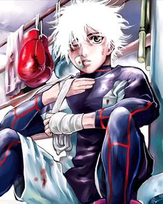 an anime character with white hair sitting on the ground next to a boxing glove and punching mitts