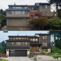 before and after photos of a house with garage doors