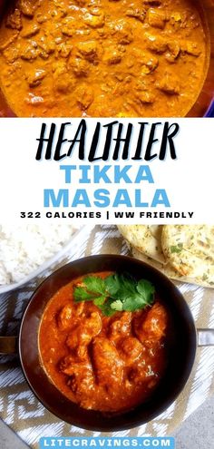 the cover of healthier tikka masala is shown in two different images, one with