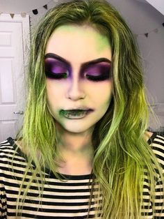 Krewella Deville Costume, Door Monster Halloween, Beetlejuice Hair And Makeup, Female Beatle Juice, Beetlejuice Halloween Makeup Women, Diy Female Beetlejuice Costume, Lady Beetlejuice Makeup, Beetlejuice Face Makeup, Plus Size Beetlejuice Costume