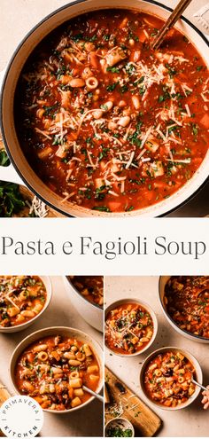 pasta e fagioi soup in a pot with spoons and bowls full of food