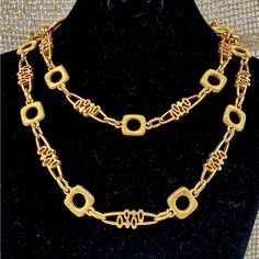 Trifari Vintage 1970's Long Abstract Modernist Geometric Gold Tone Necklace 34" In New Unworn Condition Really Cool Mcm Abstract Designed Links Deep Gold Color, Like 18k Trifari T Hang Tag Unisex, Well-Made And Sturdy, Can Be Worn By Anyone Statement Necklace For Vintage Lovers! Gift Wrapping Available, Message Me Before Purchase Bin0524 1970 Jewelry, Chevron Necklace, Trifari Jewelry, Vintage Lovers, Vintage Trifari, Disc Necklace, Station Necklace, Floral Necklace, Gold Tone Necklace