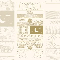 an image of the sun, moon and other things in this graphic art work on paper