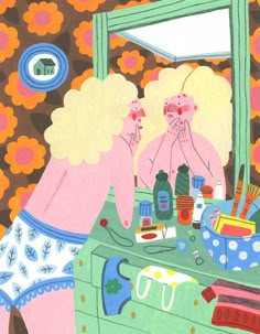 two women in pajamas are looking at their reflection in the mirror while brushing their teeth