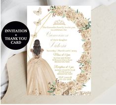 "DIY Editable Template of Quinceañera Invitation with Princess in Champagne Color Dress and Ivory Beige Floral Roses with Butterflies. Birthday Invite, Editable Invite and Thank You Card, Digital Invite for Mis XV Quince Años Fiesta, 15th Girl Party or Sweet 16, Sweet 15th, Spanish Mexican, Instant Download. Includes Elegant Quinceañera Invitation + Thank You Card for your special event. ⭐Backside of the invitation can be delete (second page) or delete just wording. Please try to see how your in Quince Invitations Quinceanera, Sweet 15 Invitations, Mexican Invitations, Quinceanera Pink, Champagne Color Dress, Quinceañera Invitation, Gold Quince