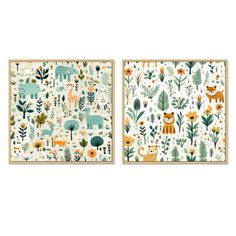 two wall hangings with animals and plants on them