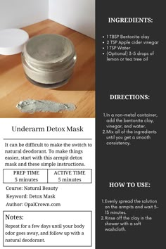 Diy Armpit Detox Mask, Underarm Detox Mask, Bentonite Clay Benefits, Opal Crown, Homemade Deodorant, Bentonite Clay, Beauty Diy