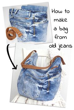 an old jean purse is being made into a handbag