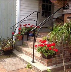 some potted plants are sitting on the steps in front of a house with red geranias