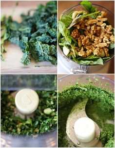 four pictures showing the steps to make spinach and walnuts in a food processor