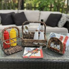 wicker baskets are sitting on top of a coffee table