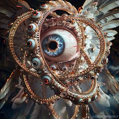 an eye is surrounded by metal and glass beads