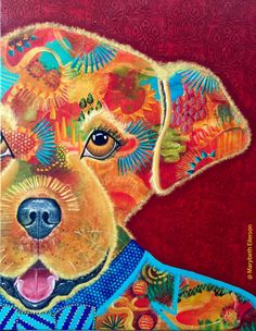 a painting of a dog wearing a blue shirt with colorful flowers on it's chest