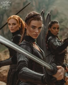 three women in leather outfits holding swords and looking at the camera while standing next to each other