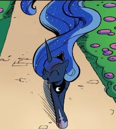 a cartoon horse with blue hair walking down a sidewalk