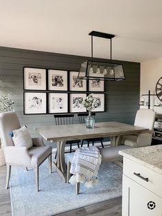 Modern farmhouse dining room inspo with light wood furniture and moody shiplap wall Dining Farmhouse, House Dining Room, Modern Farmhouse Living