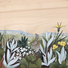 a painting of a rabbit surrounded by flowers and plants