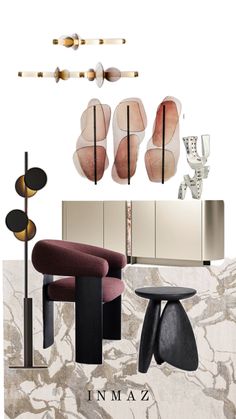 an assortment of modern furniture and accessories on display