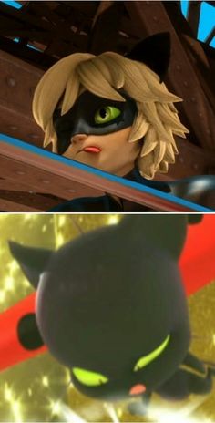 an animated character with green eyes and black cat