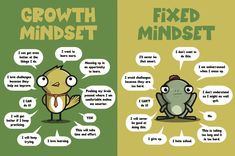 two posters with different types of animals and words on them, one has an image of a frog and the other says growth minds