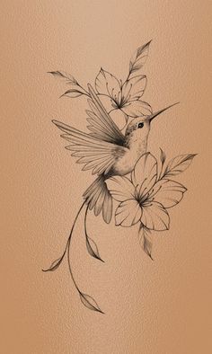 a drawing of a hummingbird with flowers on it's back and wings in the air