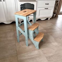 two stools in front of a kitchen counter with an oven and sink behind them