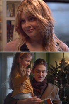 two pictures of people in front of a christmas tree and one has a book on her lap