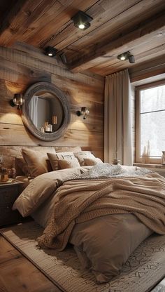 a bedroom with wooden walls and flooring has a large bed in the center, along with a round mirror on the wall