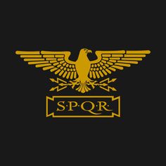 the logo for spqr is shown in gold and black with an eagle on it