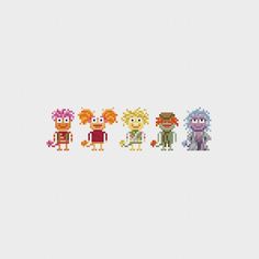 four pixel characters in different colors and sizes