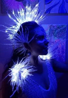 Moon Goddess Costume, Wearable Art Recycled, Fantasy Attire, Greek God Costume, Ice Queen Costume, Spirit Costume, Led Costume, Beaded Headpiece, Festival Headpiece