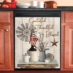 a kitchen cabinet with an american flag on it