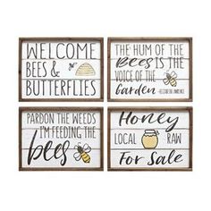 four framed wooden signs with bees and honey sayings on the front, one is for sale