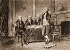 three men sitting at a table in front of a fireplace