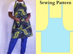 a woman wearing an apron and blue jeans standing in front of a white backdrop with the words sewing pattern on it