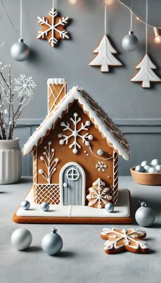 a gingerbread house with snowflakes hanging from the ceiling and decorations around it