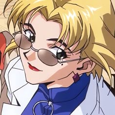 a blonde haired woman wearing glasses and a white coat is looking off into the distance