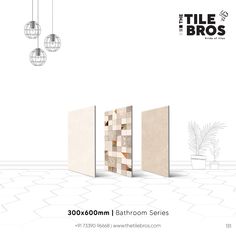 an advertisement for the tile bros showroom with three different tiles on one wall and two lamps